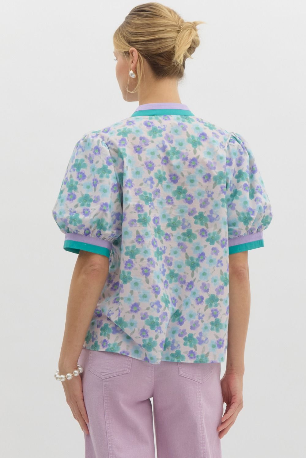 Blue Floral Contrast Banding Top