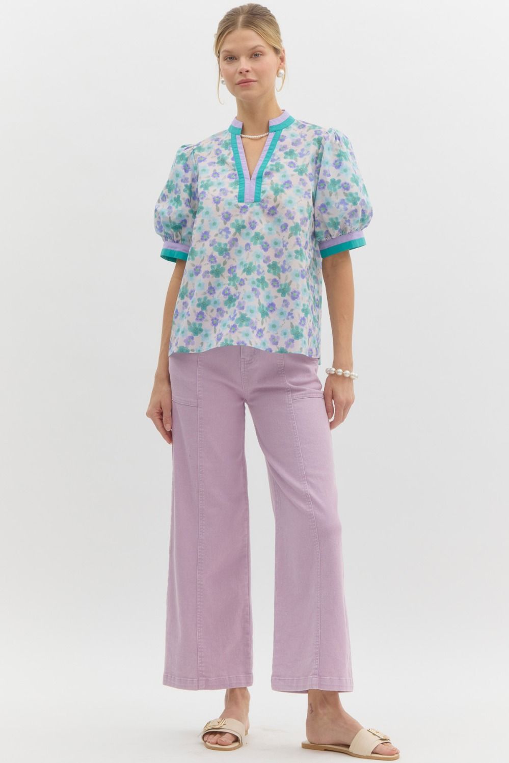 Blue Floral Contrast Banding Top