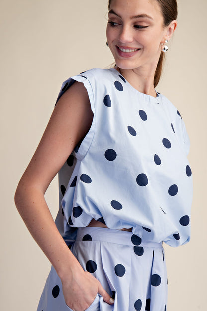 Blue Polka Dot Bubble Crop Top