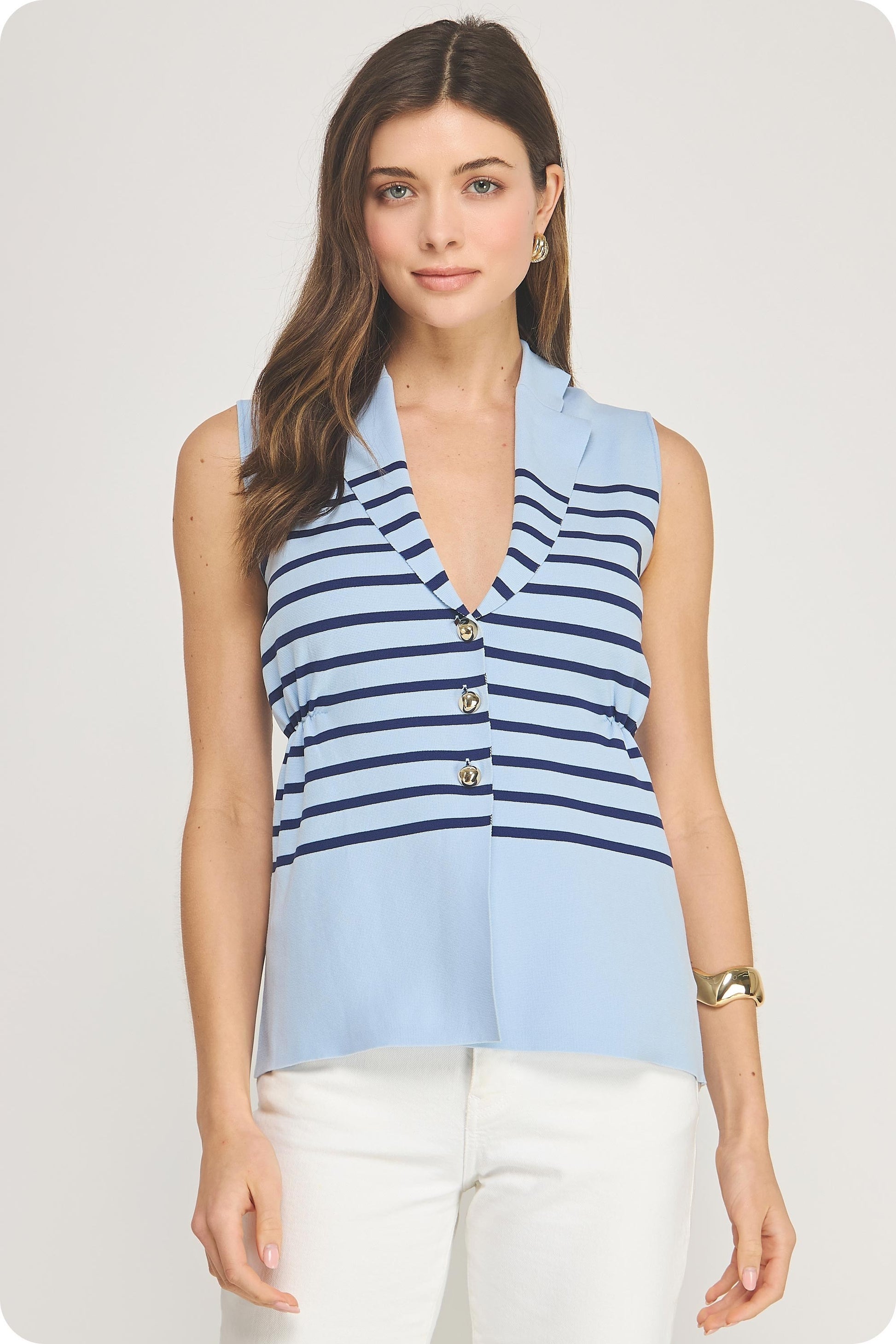 Blue Stripe Sleeveless Button Vest - Milo & Lily Boutique