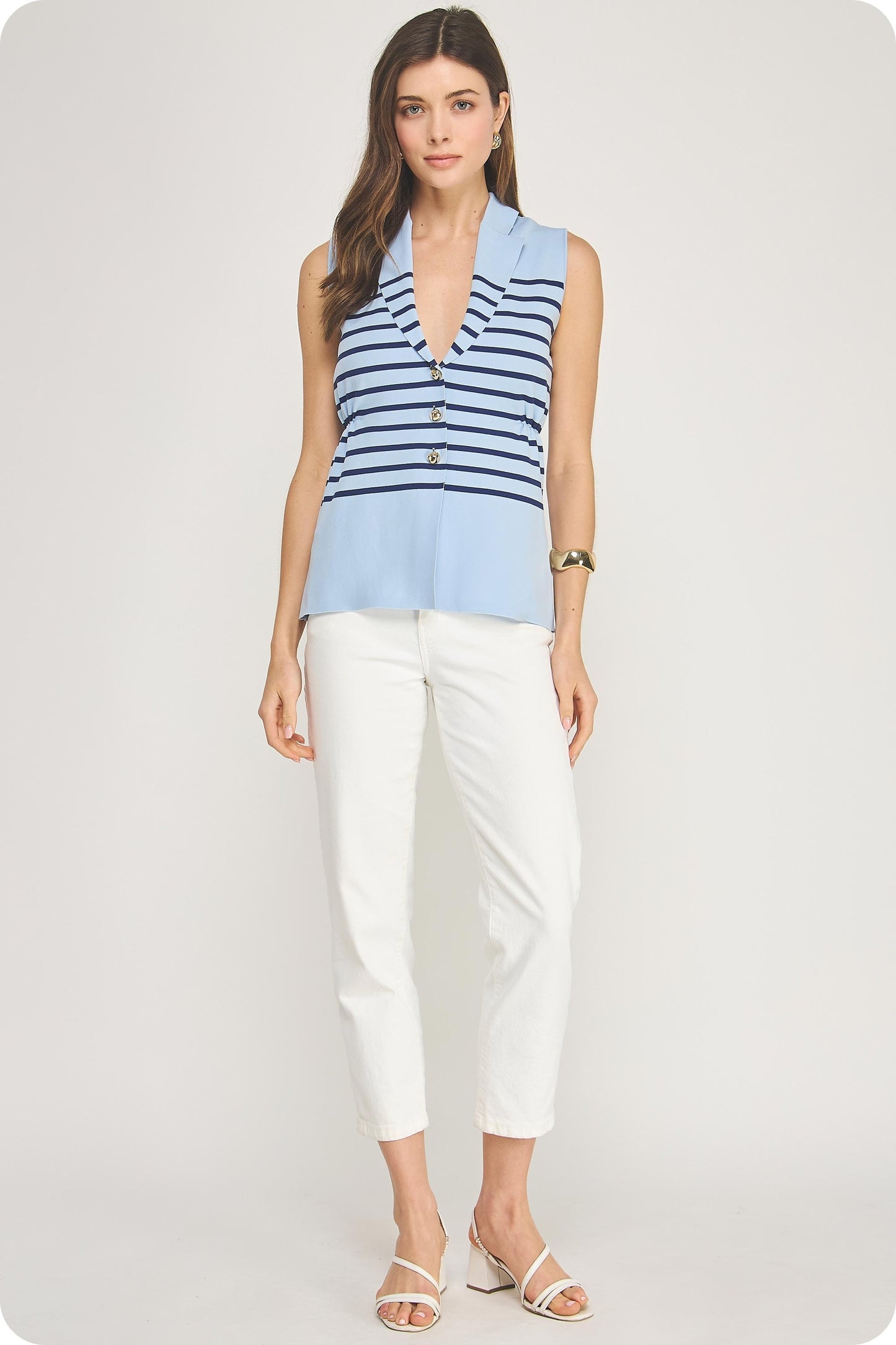 Blue Stripe Sleeveless Button Vest - Milo & Lily Boutique