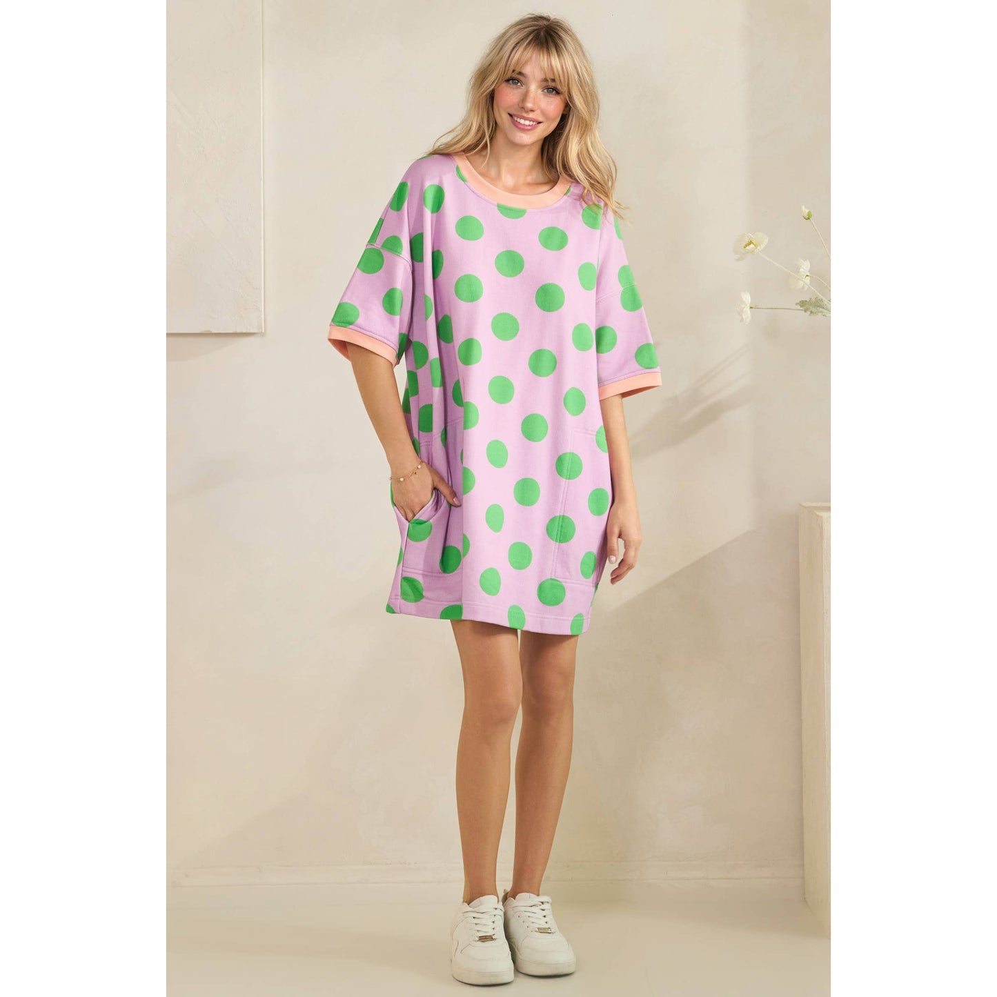 Playful Polka Dot Relaxed Mini Dress: Lavender/Green / S - Milo & Lily Boutique
