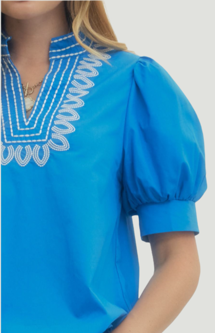 Blue embroidered blouse for women with puff sleeves and white neckline detail
