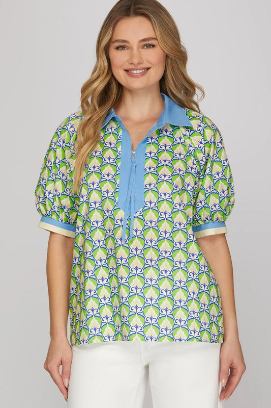 Green and blue printed blouse with puff sleeves and half zip collar