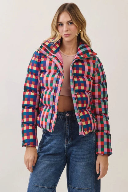 Color Crush multicolor plaid puffer coat front