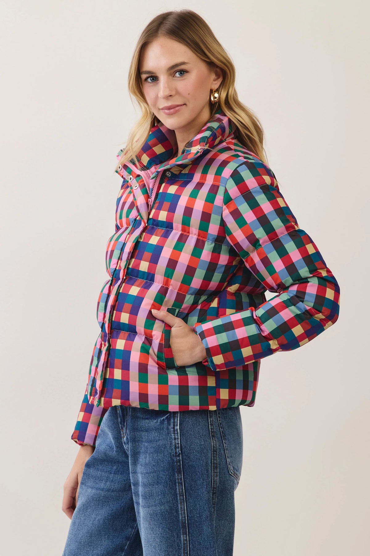 Color Crush plaid quilted coat side with pocket