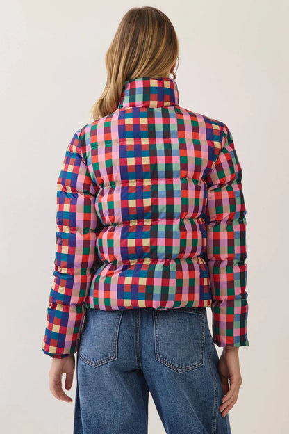 Color Crush colorful plaid puffer coat back