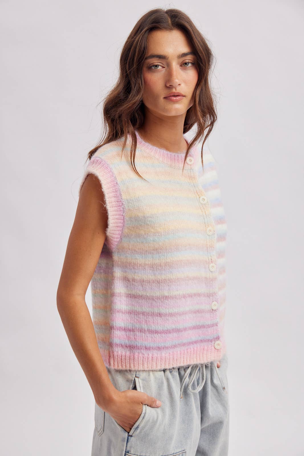 RAINBOW STRIPE SWEATER VEST / WL26-13224: BUBBLEGUM/MINT / M - Milo & Lily Boutique