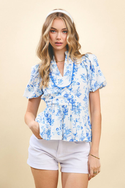 Floral Printed Bubble Sleeves Peplum Top: Blue / S - Milo & Lily Boutique