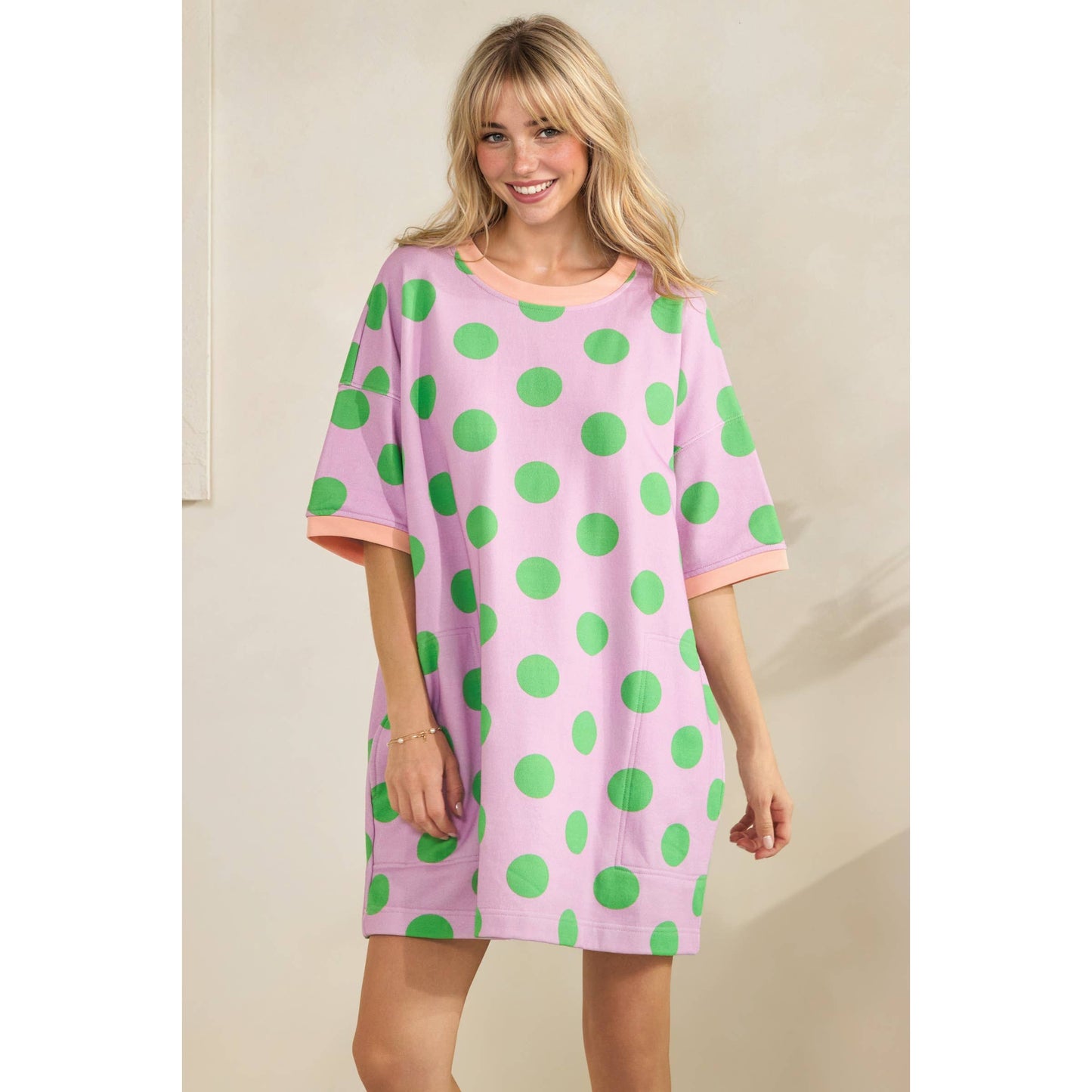 Playful Polka Dot Relaxed Mini Dress: Lavender/Green / S - Milo & Lily Boutique