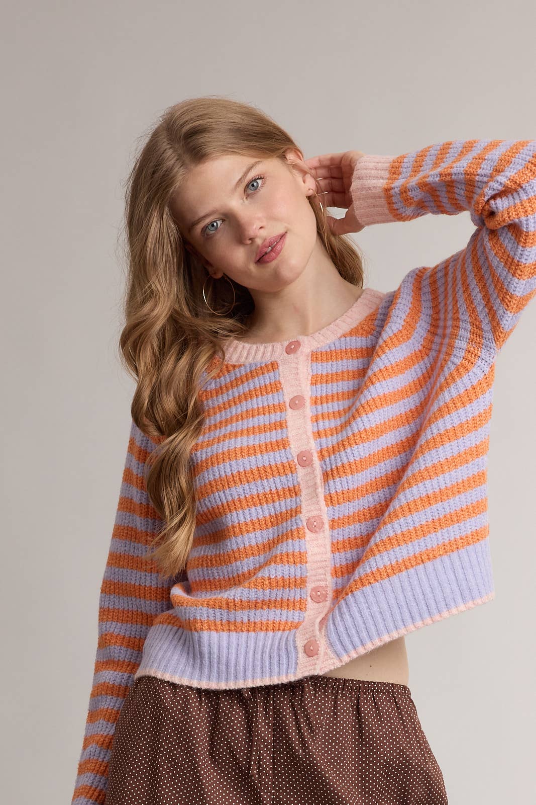 STRIPED COLORBLOCK KNIT SWEATER CARDIGAN / WL26-13265: PERIWINKLE/ORANGE / S - Milo & Lily Boutique