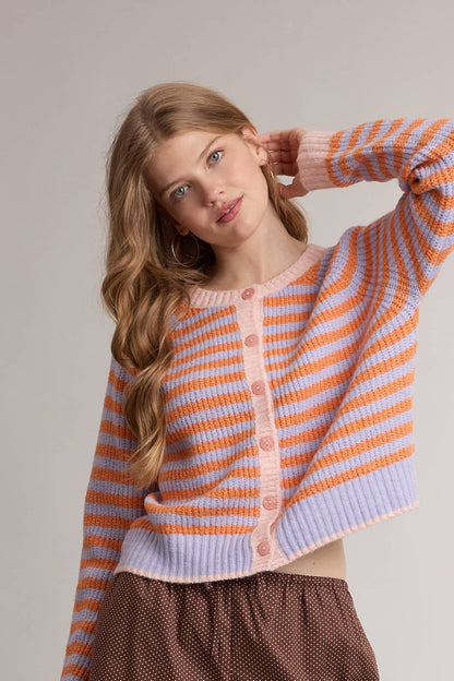 STRIPED COLORBLOCK KNIT SWEATER CARDIGAN / WL26-13265: PERIWINKLE/ORANGE / S - Milo & Lily Boutique