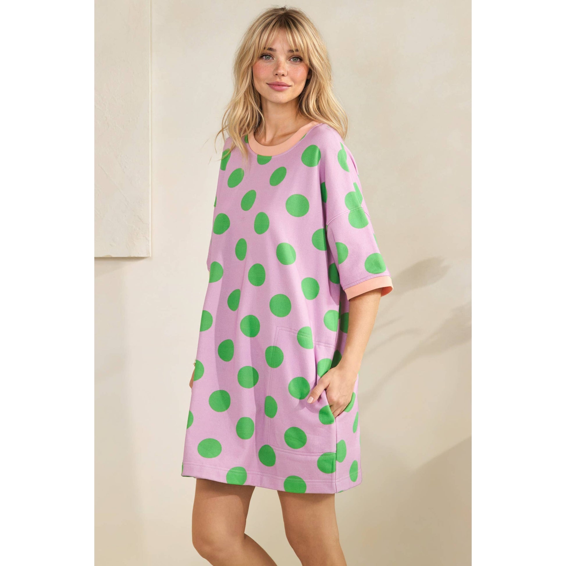 Playful Polka Dot Relaxed Mini Dress: Lavender/Green / S - Milo & Lily Boutique