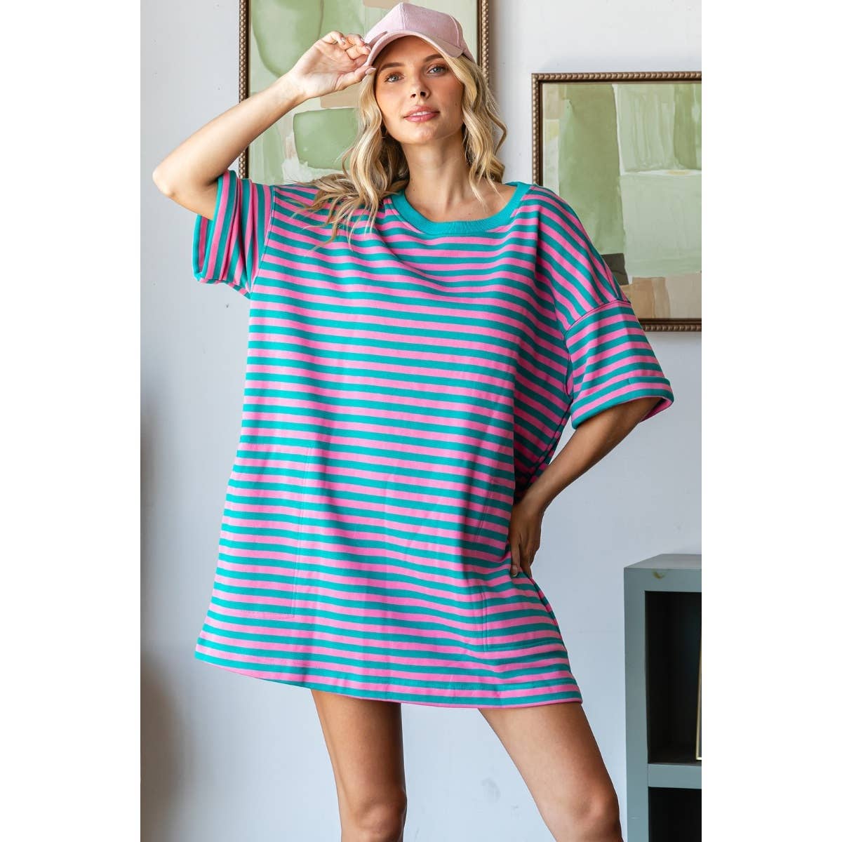 Stripe Knit Pullover Oversized Tee Dress : Pink/Green / S - Milo & Lily Boutique