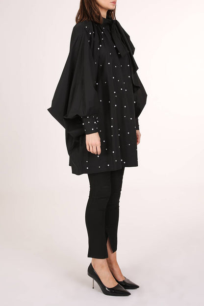 Pearl Embellished Neck Bowtie Balloon Oversize Dress