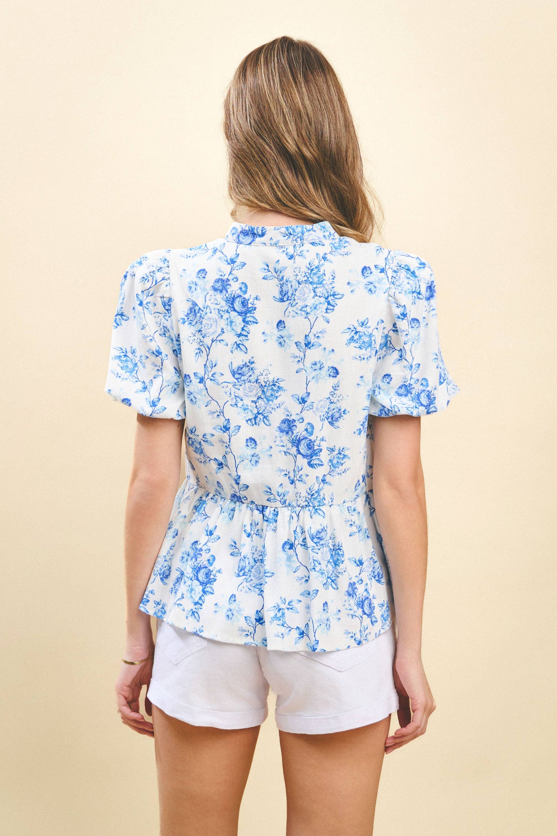 Floral Printed Bubble Sleeves Peplum Top: Blue / S - Milo & Lily Boutique