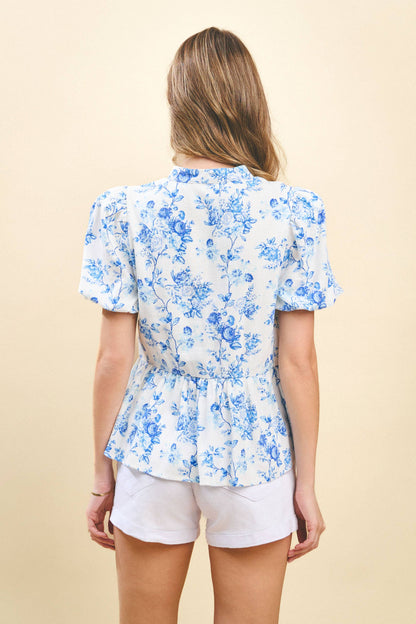 Floral Printed Bubble Sleeves Peplum Top: Blue / S - Milo & Lily Boutique