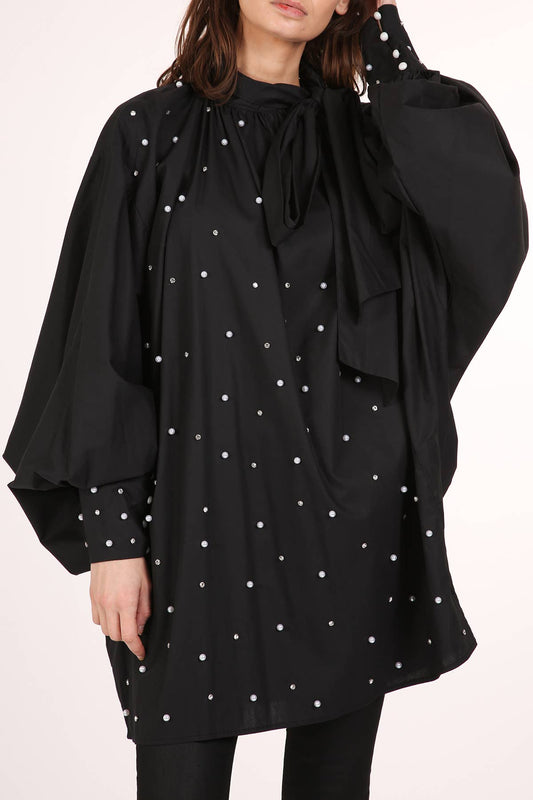 Pearl Embellished Neck Bowtie Balloon Oversize Dress