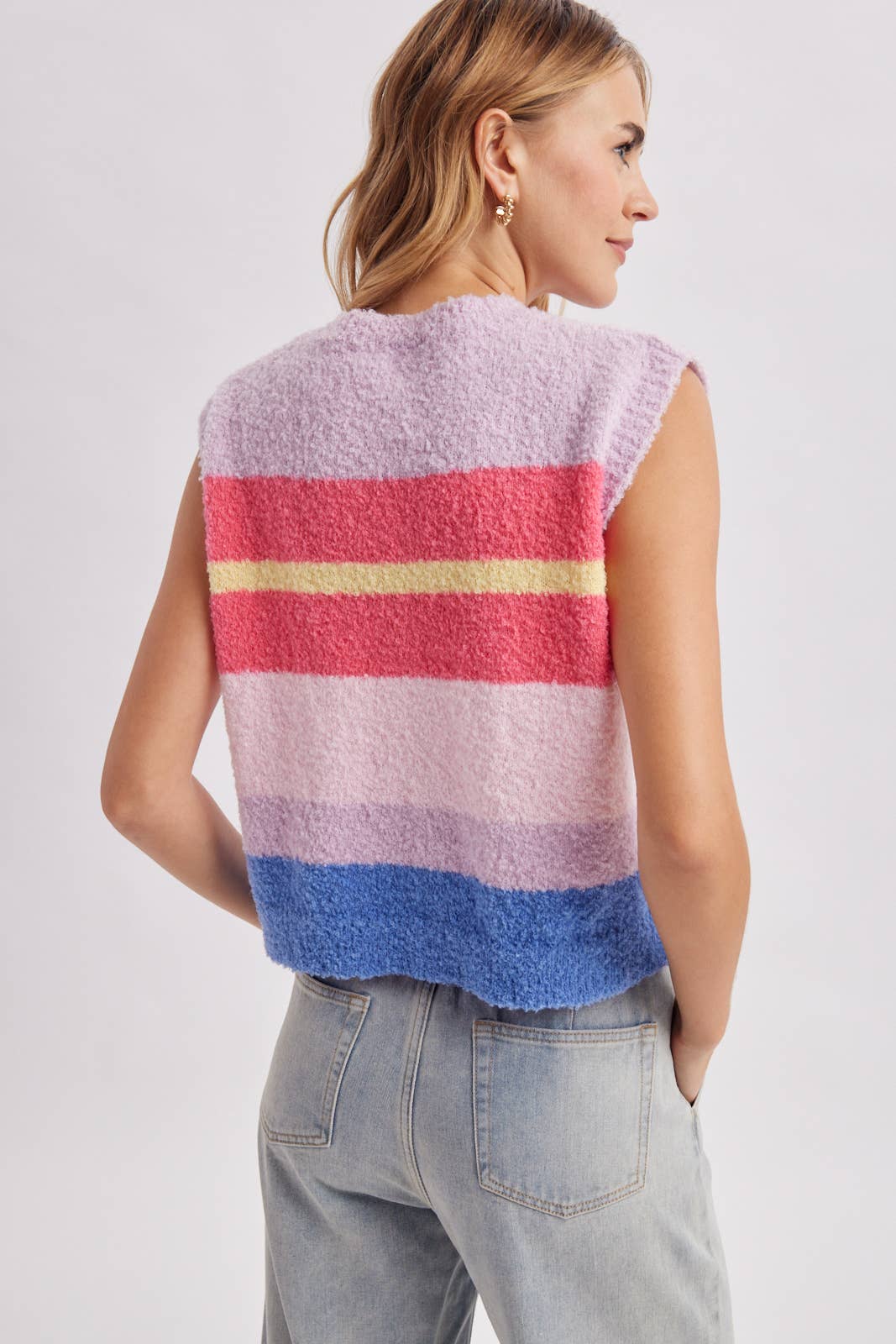 STRIPED MULTI COLOR FUZZY SWEATER VEST / WL26-13898: LAVENDER/FUCHSIA / S-M-L(2-2-2) - Milo & Lily Boutique