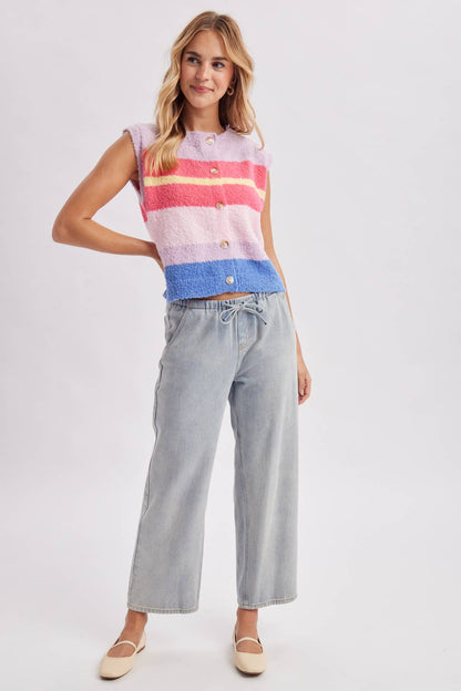 STRIPED MULTI COLOR FUZZY SWEATER VEST / WL26-13898: LAVENDER/FUCHSIA / S-M-L(2-2-2) - Milo & Lily Boutique