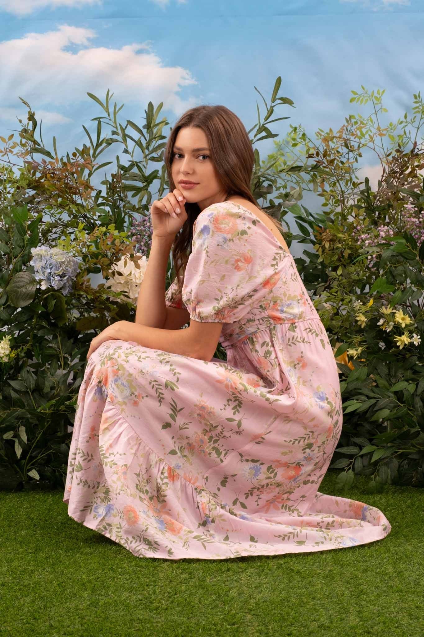 Blush Pink Floral Pleated Front Balloon Sleeve Midi Dress