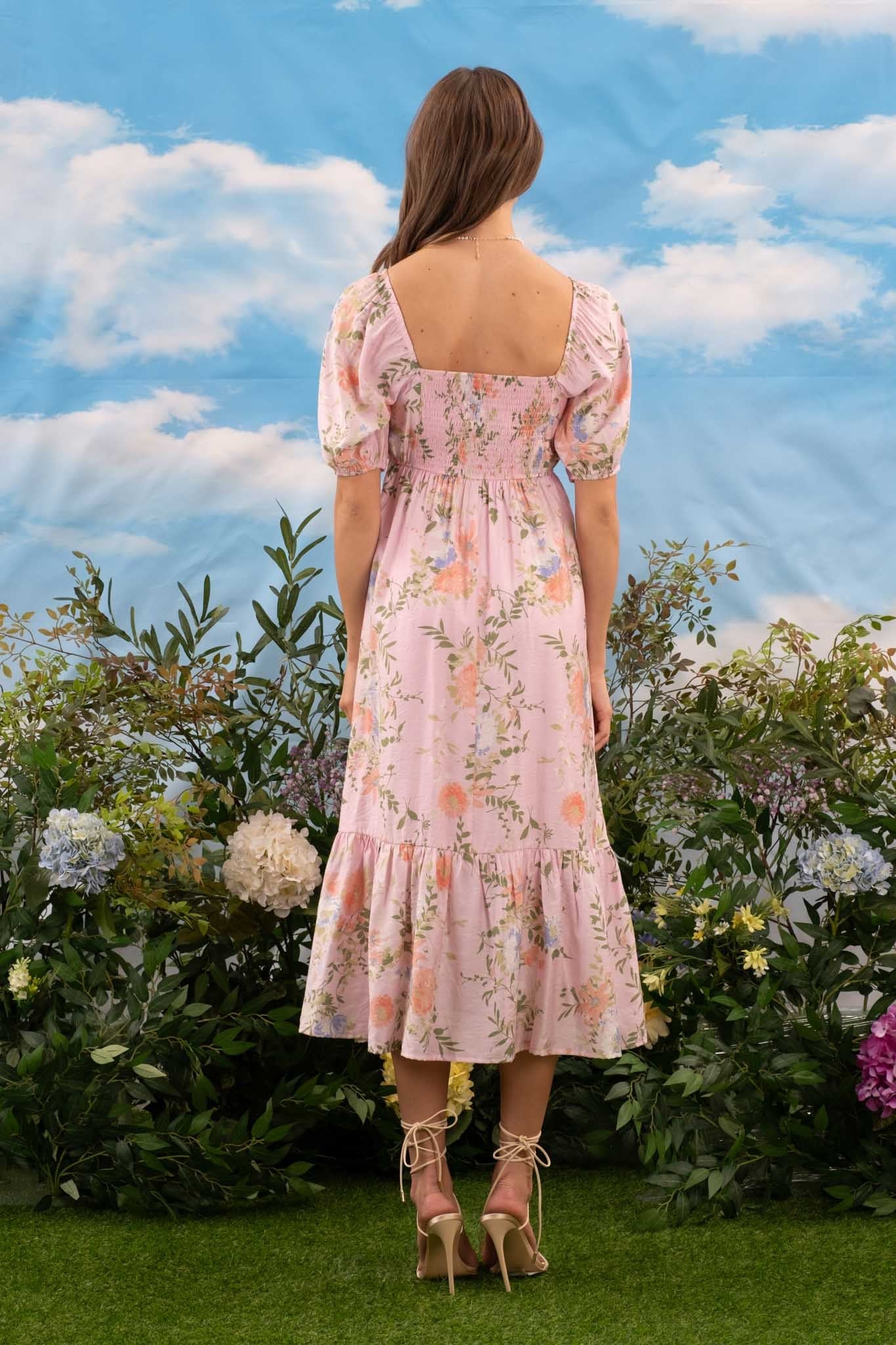 Blush Pink Floral Pleated Front Balloon Sleeve Midi Dress