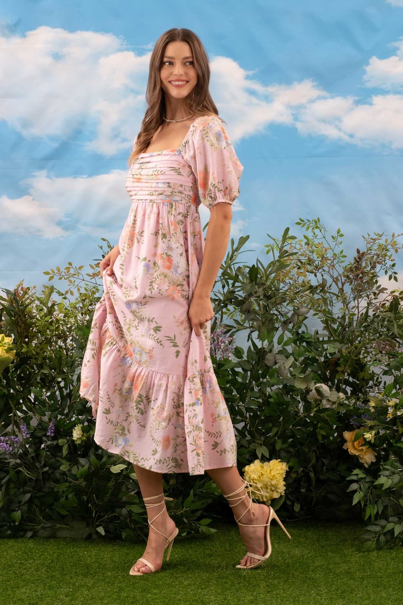 Blush Pink Floral Pleated Front Balloon Sleeve Midi Dress
