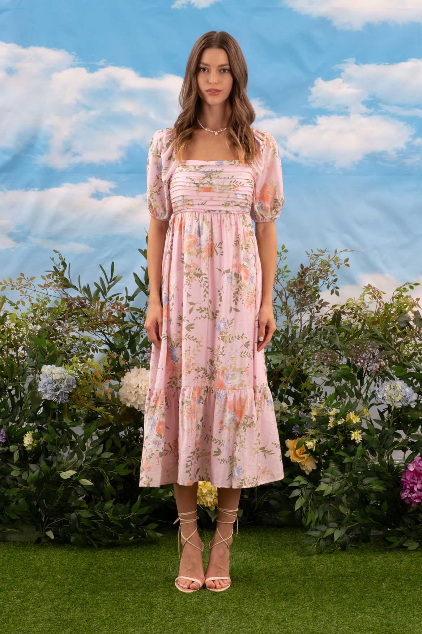 Blush Pink Floral Pleated Front Balloon Sleeve Midi Dress