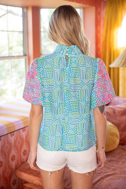 The Green & Blue Geometric Puff Sleeve High Neck Top - Milo & Lily Boutique