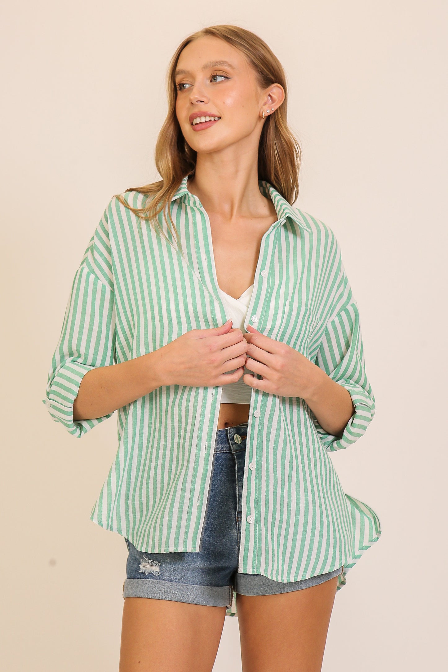 Timeless Classic Stripe Button Down Top - BLUE