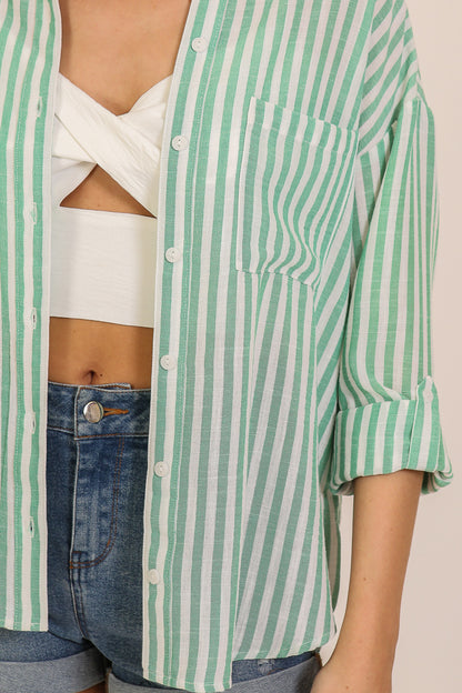 Timeless Classic Stripe Button Down Top - GREEN