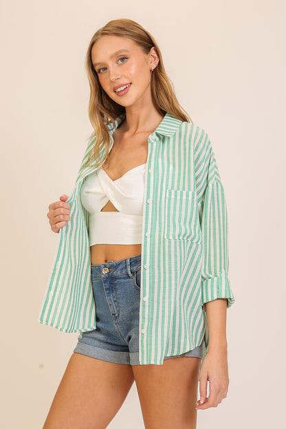 Timeless Classic Stripe Button Down Top - GREEN