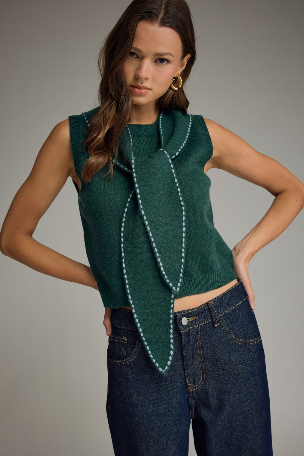 Hunter Green Self-Tie Scarf Sweater Vest