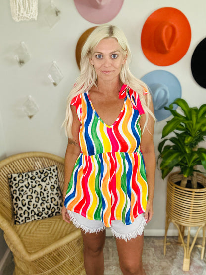 Rainbow Swirl Shoulder Tie Babydoll Blouse