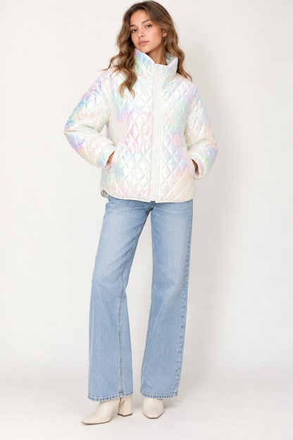 Iridescent holographic quilted puffer jacket front