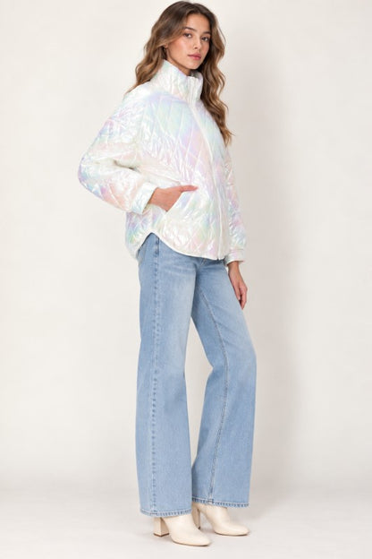Iridescent quilted puffer jacket side
