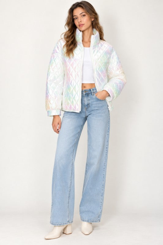 Iridescent puffer jacket open front
