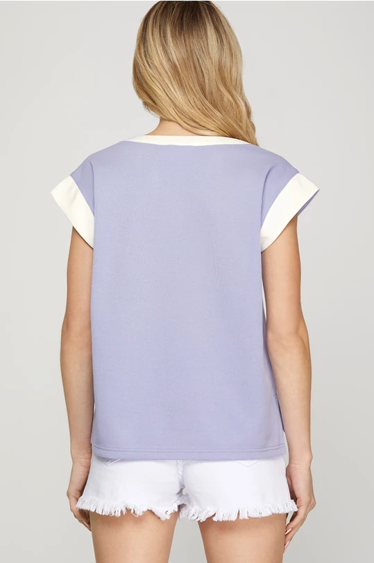 lavender color block contrast trim top