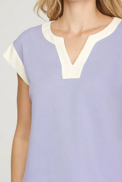 lavender color block contrast trim top