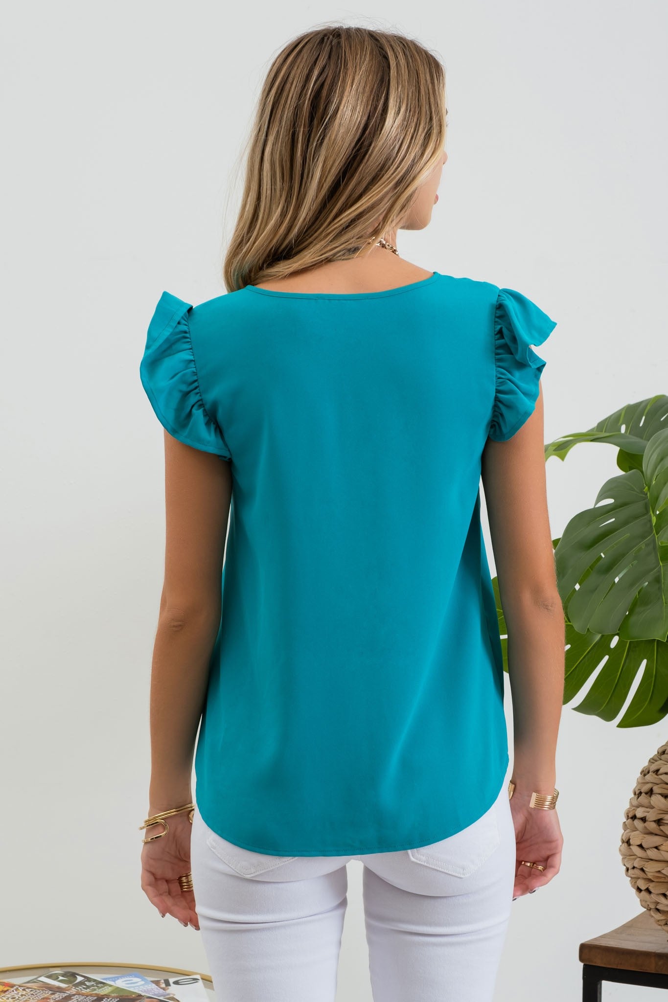 Flutter Sleeve Woven Top-Teal