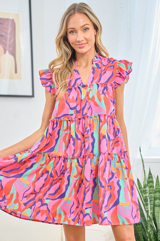 Multicolor Abstract Tiered Mini Dress