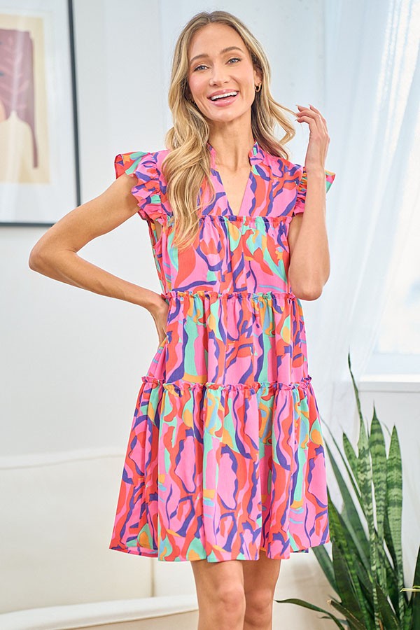 Multicolor Abstract Tiered Mini Dress