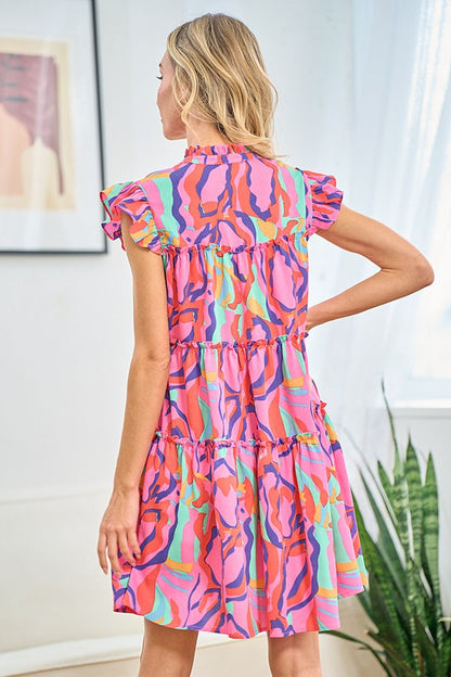 Multicolor Abstract Tiered Mini Dress