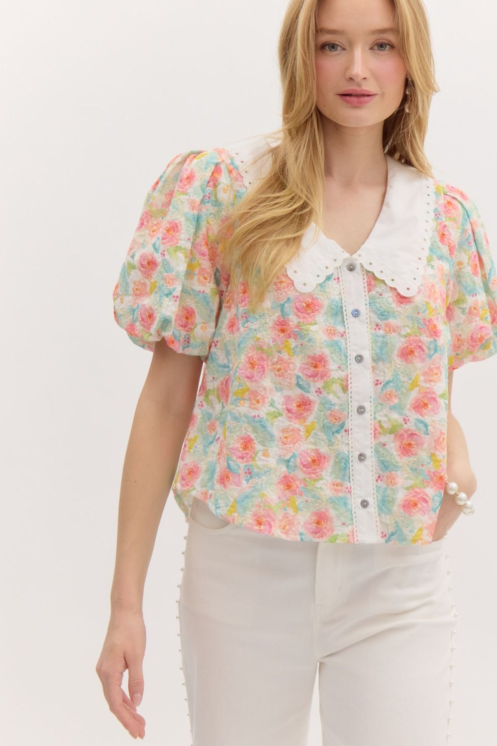 multicolor embroidery Puff sleeve top with Peter pan collar