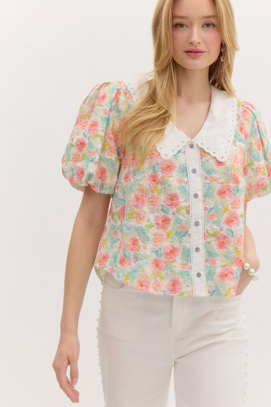 multicolor embroidery Puff sleeve top with Peter pan collar