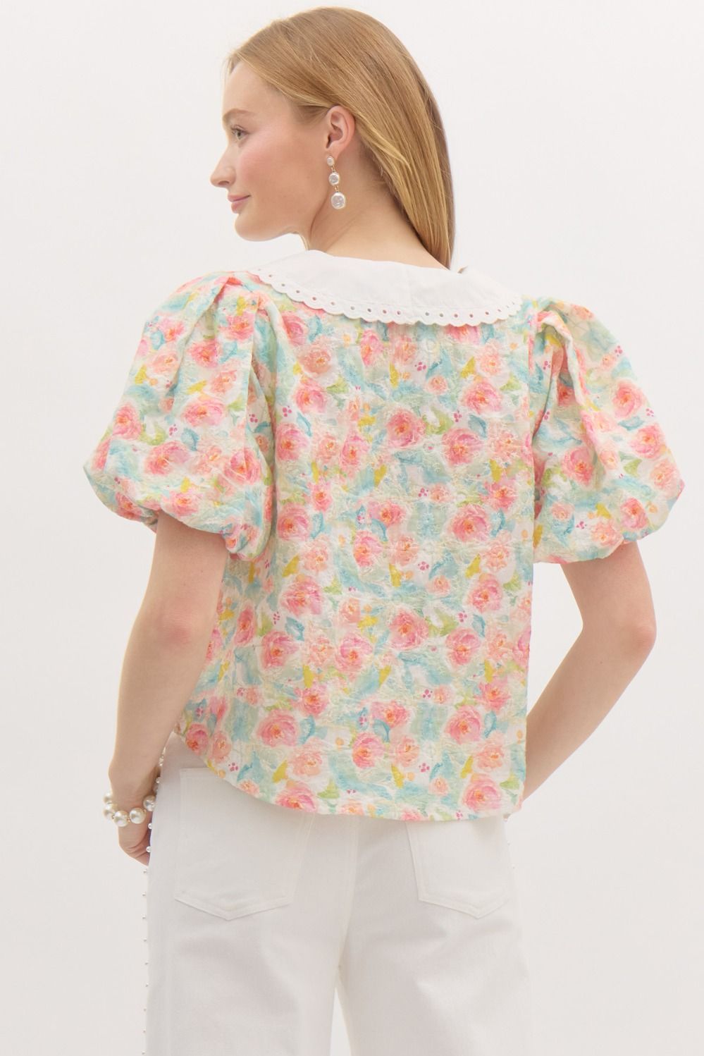 multicolor embroidery Puff sleeve top with Peter pan collar