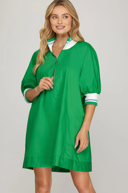 Kelly green shift dress with half zip collar and striped trim sleeves
