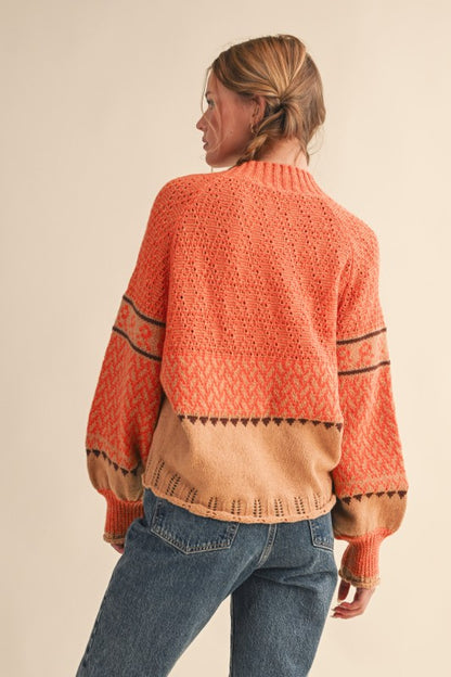 Back of orange and tan patterned knit sweater showing textured upper back and long sleeves.