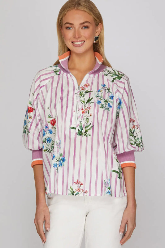 Pink striped floral blouse with puff sleeves and half zip collar