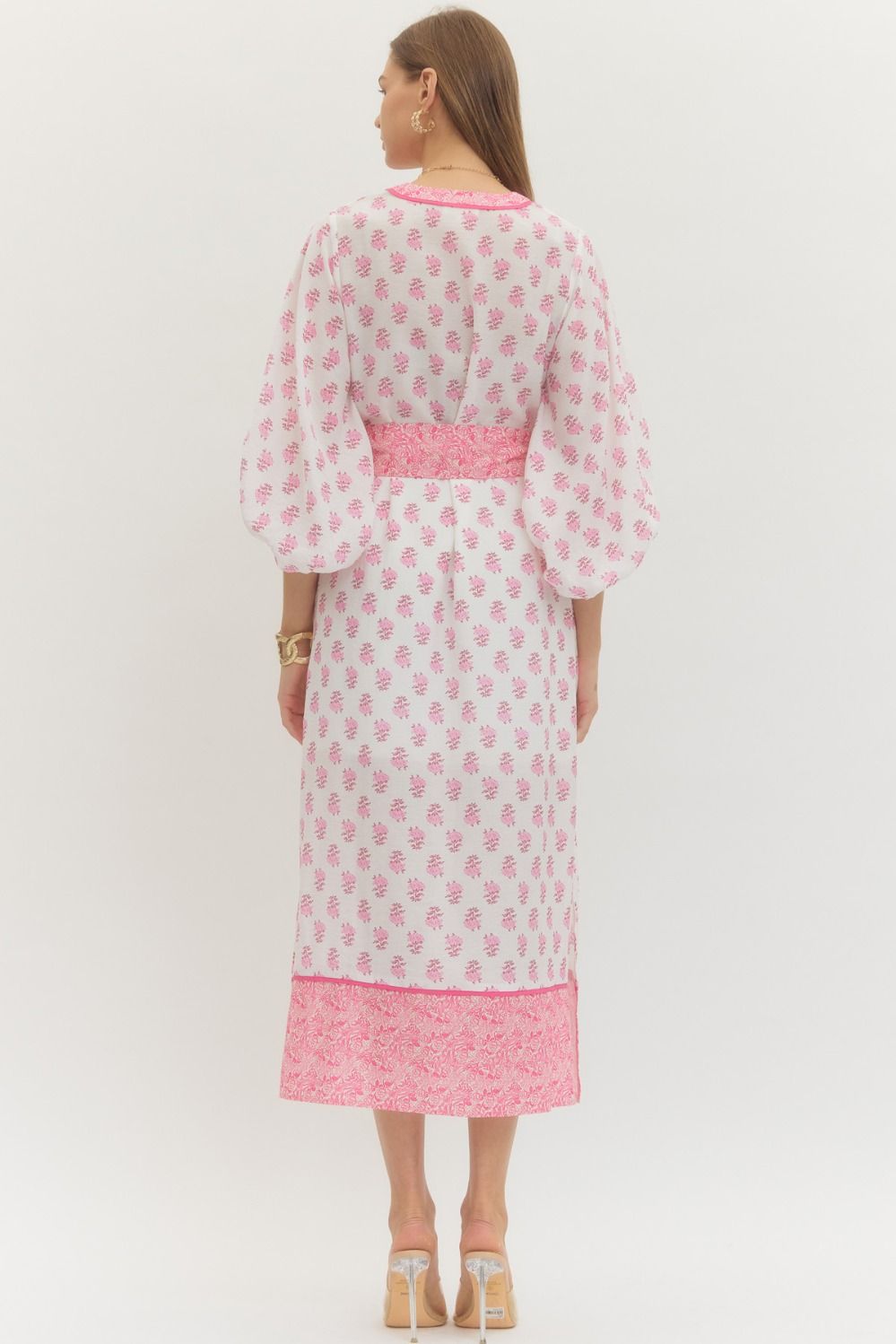 Pink blossom midi dress with tie waist belt and contrast trim neckline back view